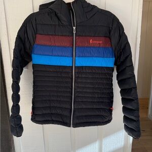 Cotopaxi Women’s Black Fuego hooded Puffer Jacket with Blue Stripes